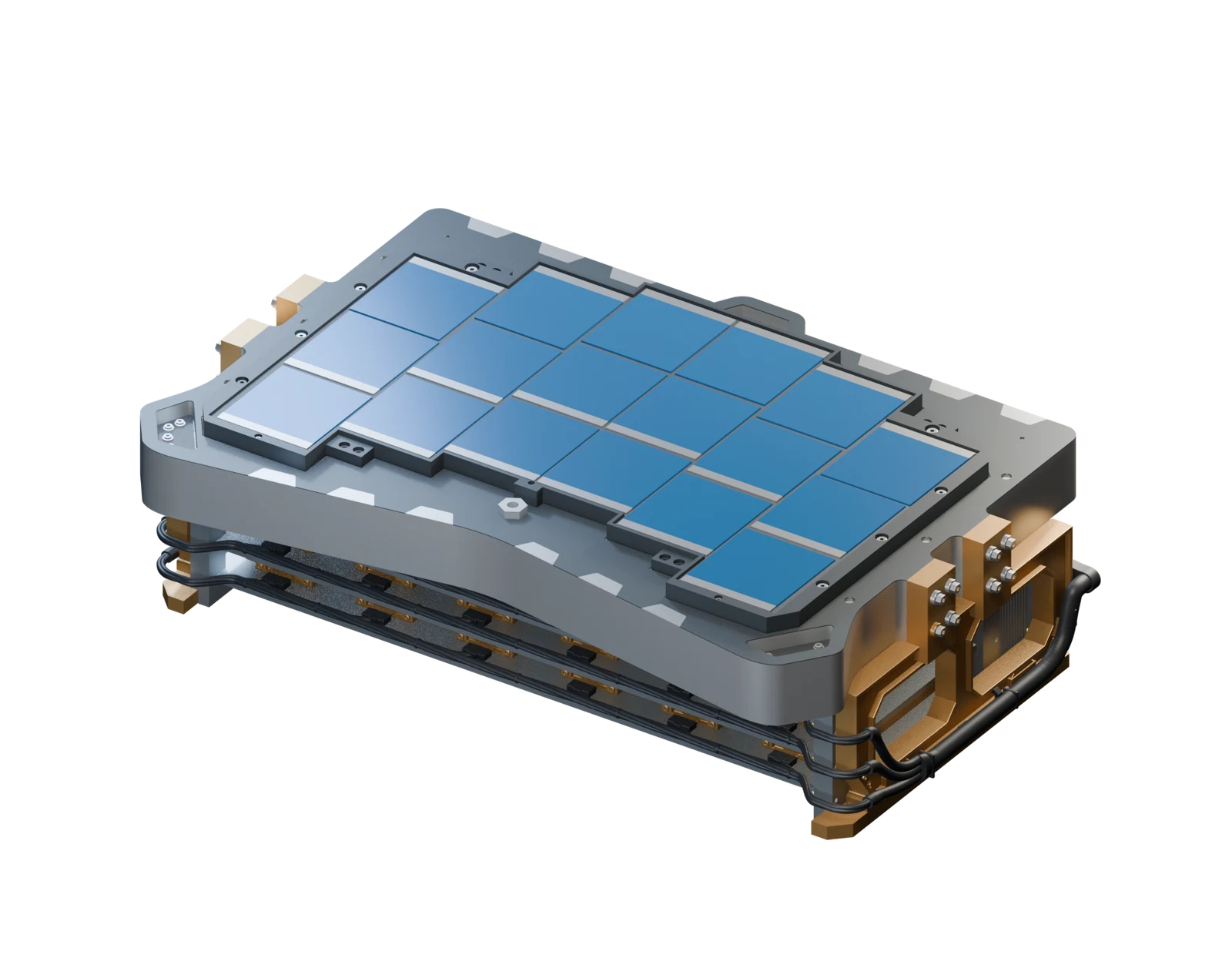 The illuminated WFI detector display model with blue detector faces, a dark graphite carrier, silver mounting plate and gold electronics