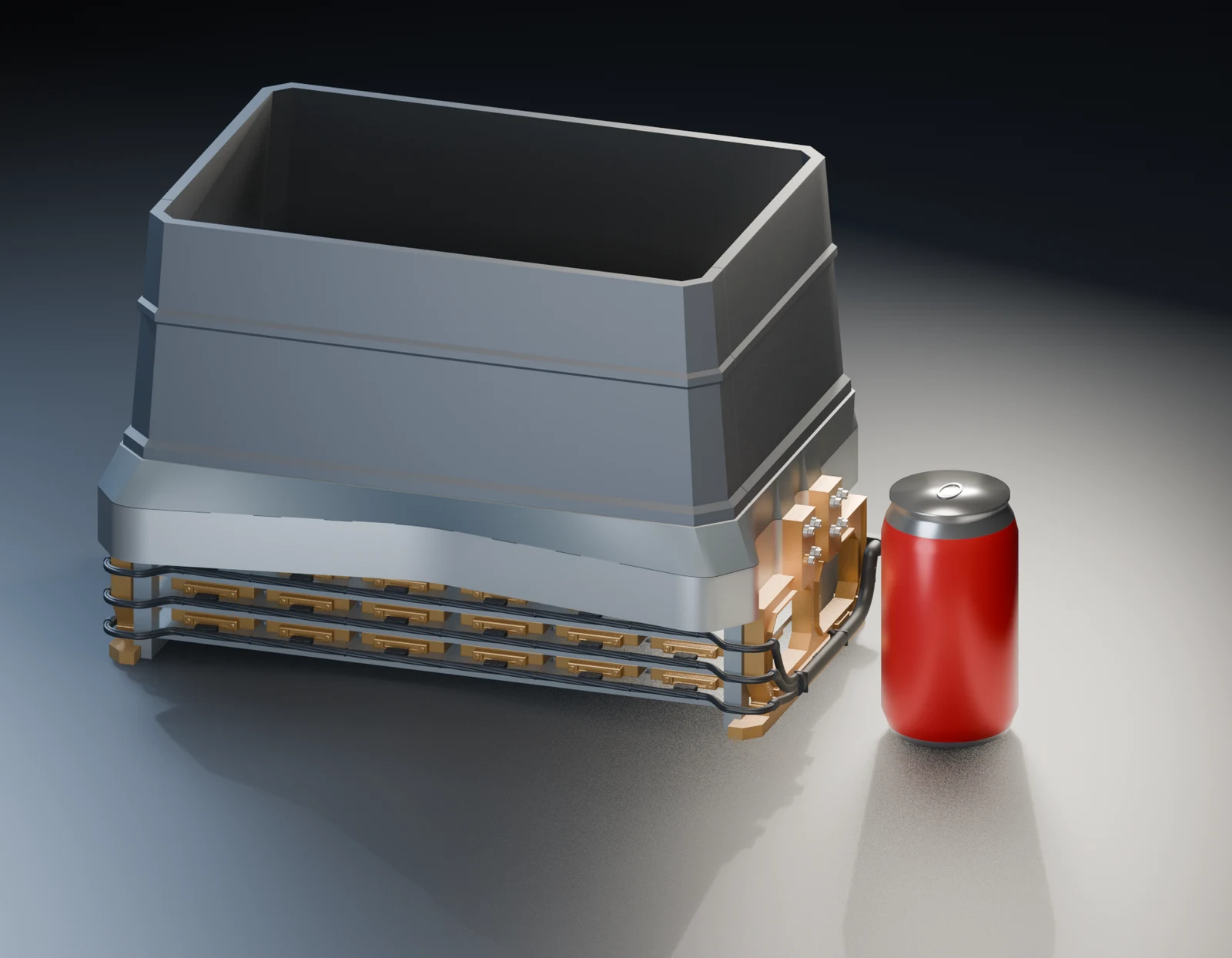 Digital render of the WFI model beside a 12 oz can, on the same ground plane and at the same scale